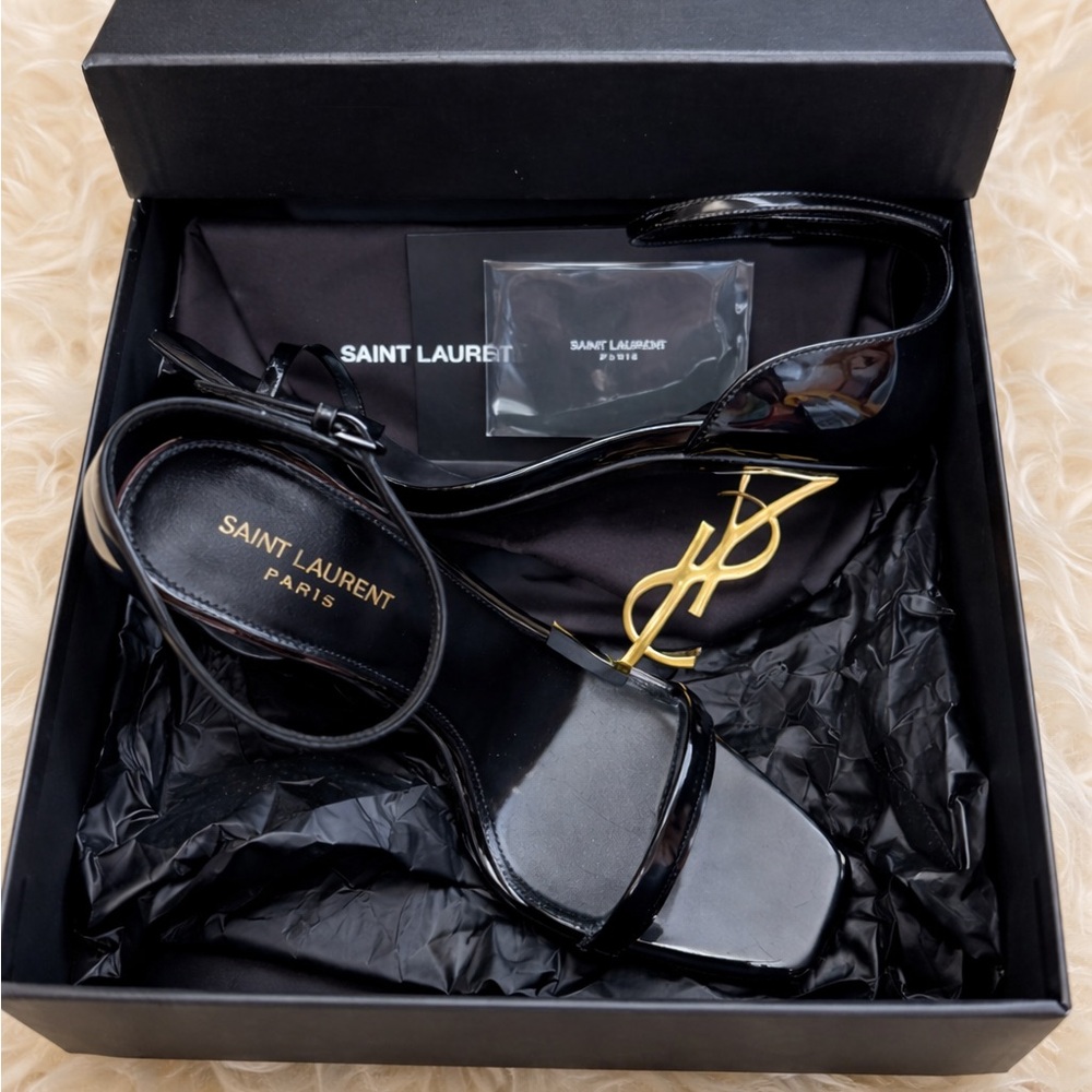 Yves Saint Laurent Black Heels with Gold Logo Accent - Picture 2 of 6
